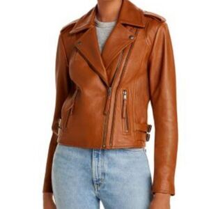 JOIE Leolani Cognac Brown Lamb Leather Moto Jacket M